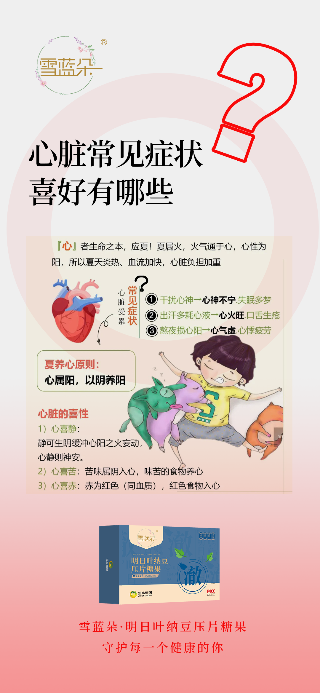 养心三件事，睡对、吃对、按对就稳了！。中医识五脏之心脏的生理功能。1、心主血脉。全身的血脉都属于心，心脏收缩把用过的血液“吸”进来，心脏舒张把新鲜的血液“挤”向全身。。2、心主神明。心调节五脏六腑，形体官窍的思维、意识、情绪及生命活动。3、心其华在面。面色红润光泽——心气盛血脉足。面色胱白——心气不足。面色晦暗——心血亏虚脉痹阻。面色红赤——心火旺。4、、心开窍于舌。心开窍于舌：舌淡、红生疮、暗紫、淤斑、食知无味、失语等都是心的问题